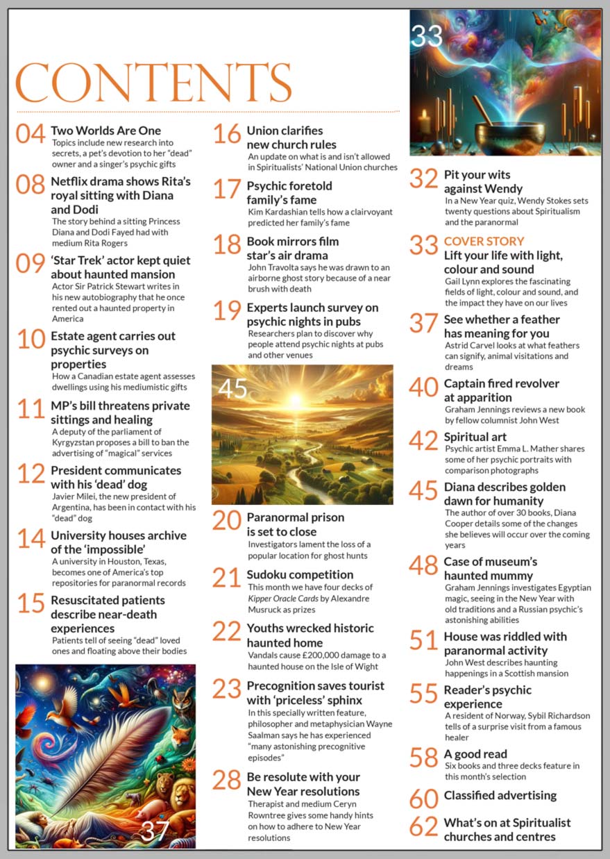 Inside the January 2024 issue of Psychic News:     Lift your life with light, colour and sound   Gail Lynn explores the fascinating fields of light, colour and sound, and the impact they have on our lives        Also:  Be resolute with your New Year resolutions Therapist and medium Ceryn Rowntree gives some handy hints on how to adhere to New Year resolutions  See whether a featherhas meaning for you Astrid Carvel looks at what feathers can signify, animal visitations and dreams  Precognition saves tourist with ‘priceless’ sphinx In this specially written feature, philosopher and metaphysician Wayne Saalman says he has experienced “many astonishing precognitive episodes”  Captain fired revolver at apparition Graham Jennings reviews a new book by fellow columnist John West  Diana describes golden dawn for humanity The author of over 30 books, Diana Cooper details some of the changes she believes will occur over the coming years  Case of museum’s haunted mummy Graham Jennings investigates Egyptian magic, seeing in the New Year with old traditions and a Russian psychic’s astonishing abilities  Captain fired revolver at apparition Graham Jennings reviews a new book by fellow columnist John Wes  Reader’s psychic experience A resident of Norway, Sybil Richardson tells of a surprise visit from a famous healer  Spiritual art Psychic artist Emma L. Mather shares some of her psychic portraits with comparison photographs  A good read Six books and three decks feature inthis month’s selection  Sudoku competition This month we have four decks of Kipper Oracle Cards by Alexandre Musruck as prizes  In the News: ■ In the editor’s Two Worlds Are One, the topics include new research into secrets, a pet’s devotion to her “dead” owner and Suzi Quatro’s psychic gifts ■ Netflix drama shows Rita Rogers’s royal sitting with Diana and Dodi ■ Star Trek’s Sir Patrick Stewart kept quiet about haunted mansion ■ Estate agent carries out psychic surveys on properties ■ MP’s bill threatens private sittings and healing in Kyrgyzstan ■ New Argentinan president communicates with his “dead” dog ■ University houses archive of the “impossible” ■ Resuscitated patients describe near-death experiences ■ Spiritualists’ National Union clarifies new church rules ■ Book mirrors film John Travolta’s air drama       All this and much, much more
