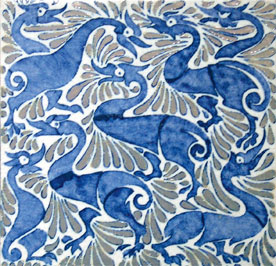 Fantastic ducks on 6-inch tile with lustre highlights, Fulham period