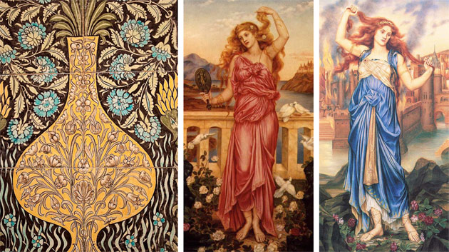 L-R: William De Morgan (c. 1890), Sands End Pottery: 
tile panel inspired by Middle East examples. Photo: Michele Ahin – Helen of Troy by Evelyn De Morgan – Cassandra by Evelyn De Morgan