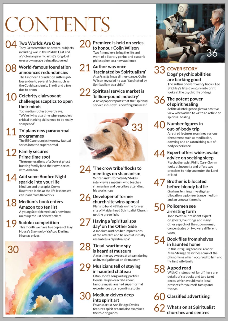 Inside the November 2023 issue of Psychic News:  The author of over twenty books, Lee Brickley looks at the extraordinary life of psychic dogs.  Medium and therapist Ceryn Rowntree shares some life lessons we can learn from fireworks to add some sparkle into your life. Writer and tutor Wendy Stokes interviews Les Fuller, who teaches shamanism. A medium outlines her impressions of the afterlife in "Having a ‘spiritual spa day’ on the Other Side" Psychic artist Ann Bridge Davies features spirit art and the role of guides. Artificial intelligence gives a positive view when asked to write an article on spiritual healing. A retired lecturer examines various phenomena such as meditation, dowsing and an astonishing out-of-body experience. Graham Jennings investigates a bilocation at the battle of Passchendaele, a pioneer trance medium and an unusual time slip. John West explores the cases of a phantom monk that brought out crowds to see it, and victorian poltergeist phenomena centred around two orphaned girls.   IN THE NEWS ■ Two Worlds Are One - Tony Ortzen writes on several subjects including war in the Middle East and a Victorian psychic artist’s long-lost grave being discovered ■ World-famous Findhorn Foundation announces redundancies ■ Celebrity medium John Edward challenges sceptics to open their minds ■ BBC announces two new factual series into the supernormal ■ Three generations of a Dorset ghost hunting family land their own series with Amazon ■ Young Scottish medium’s new book enters Amazon top ten list ■ Premiere is held on series to honour esoteric philosopher Colin Wilson ■ Elton John’s songwriting partner Bernie Taupin tell of staying in haunted château  A good read - With Christmas not far off, here are details of six books and two tarot decks, which would make ideal presents for yourself, family and friends.  Sudoku competition - This month we have five copies of Hay House’s Shaman by Ya’Acov Darling Khan as prizes.  All this and much, much more.